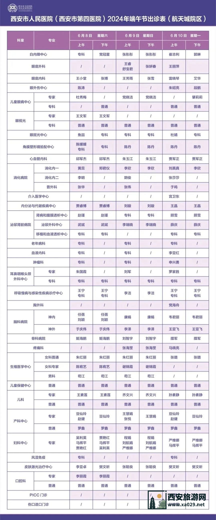 西安市人民医院西安市第四医院2024年端午期间门诊医生出诊时间表